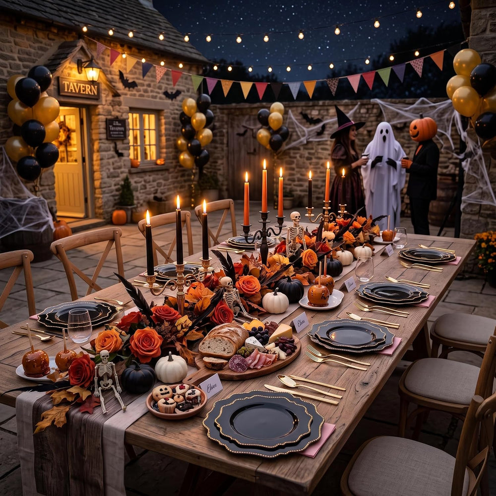 COLOSUS 60PCS Black Plastic Plates, Elegant Disposable Plates for Halloween