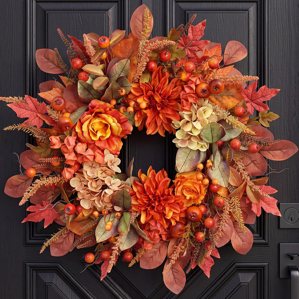 Autumn Harvest Wreath for Front Door 26 Inch, Fall Decor with Orange Dahlias ...