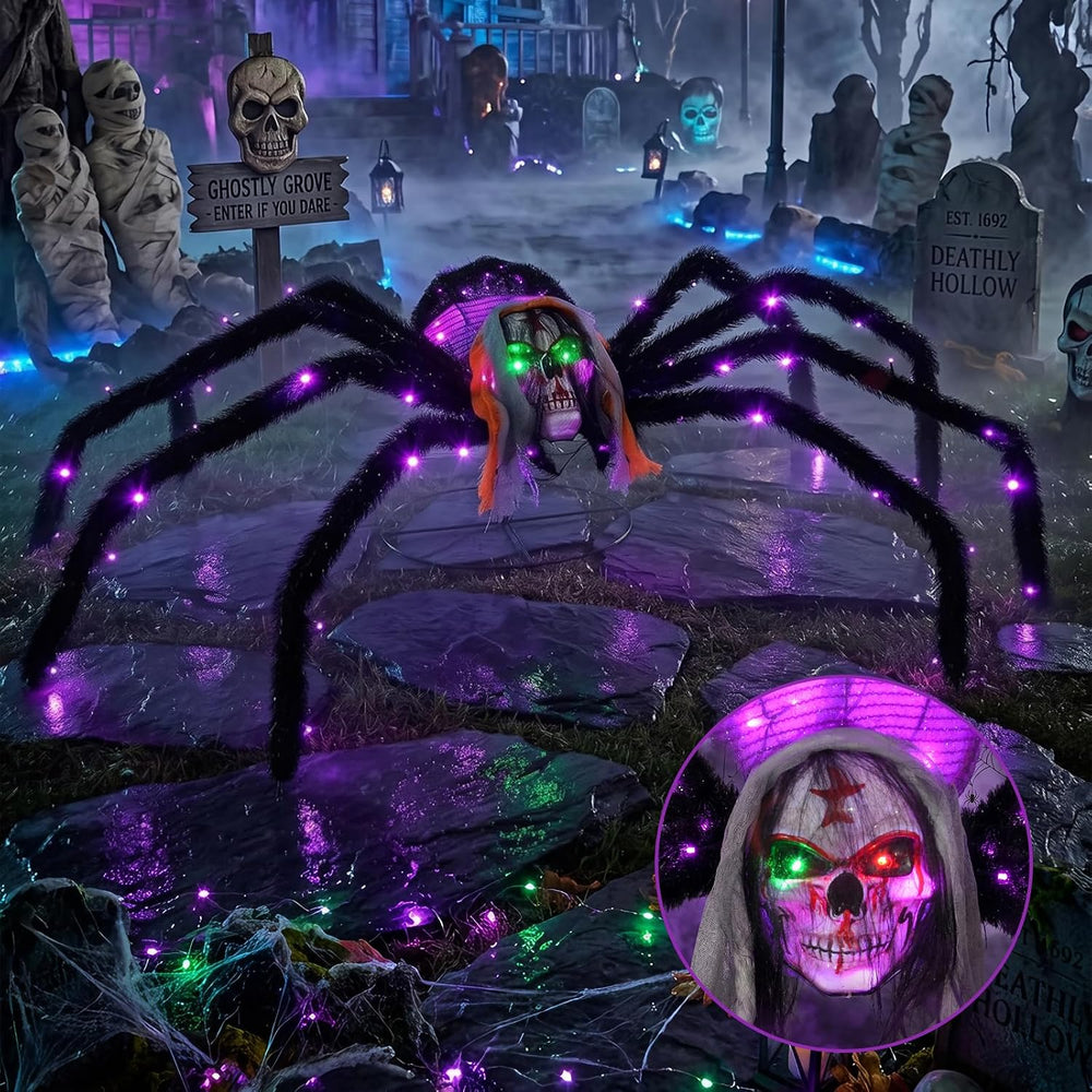 52" Halloween Giant Skull Face Spider, Lighted Outdoor Decoration with F...