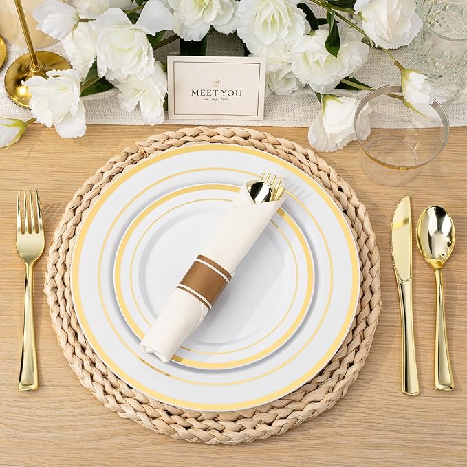 BESTVIP 700PCS Gold Plastic Dinnerware Set for 100 Guests, Disposable Plates ...