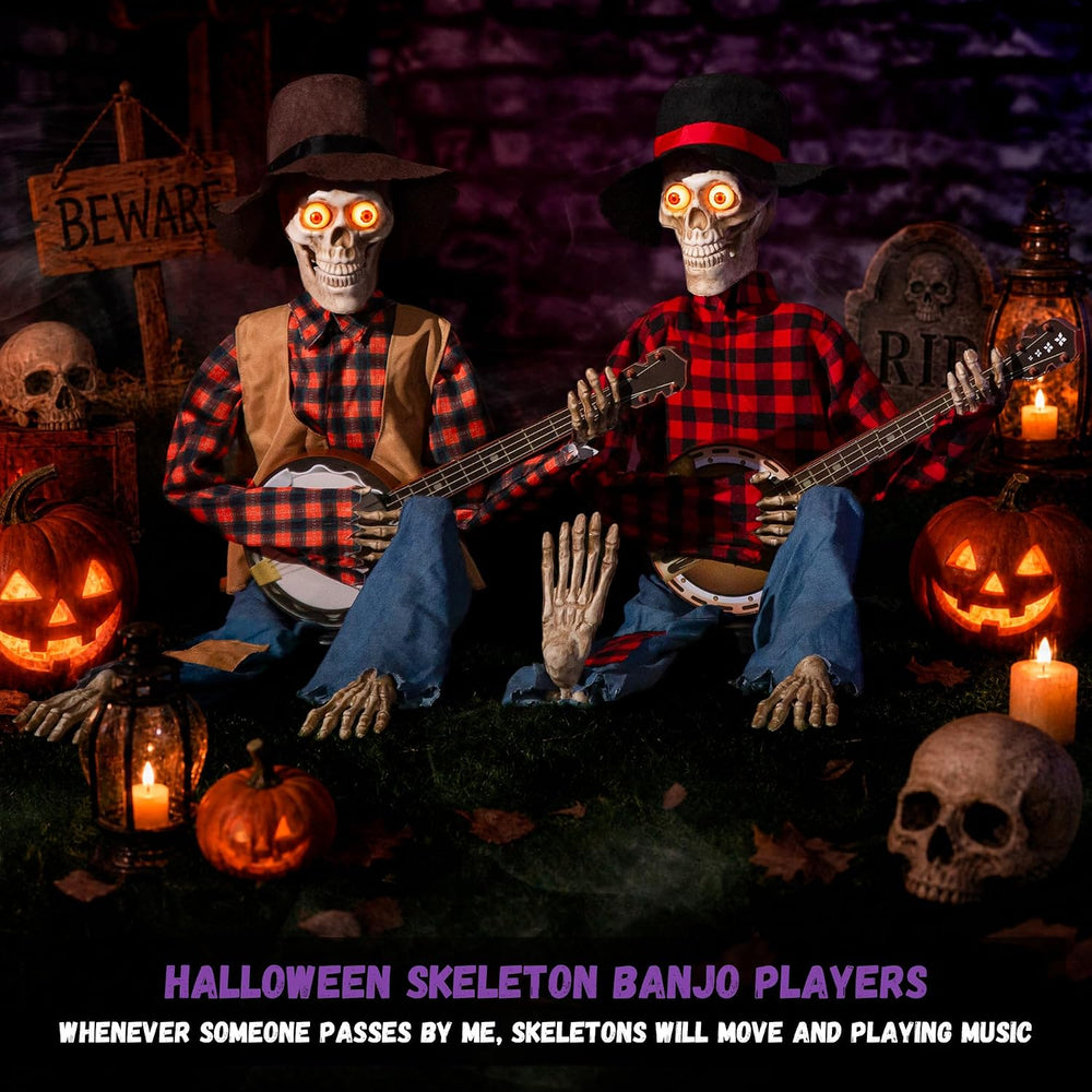 Halloween Animatronics Banjo Skeletons Duo Decorations, Animated Skull with S...