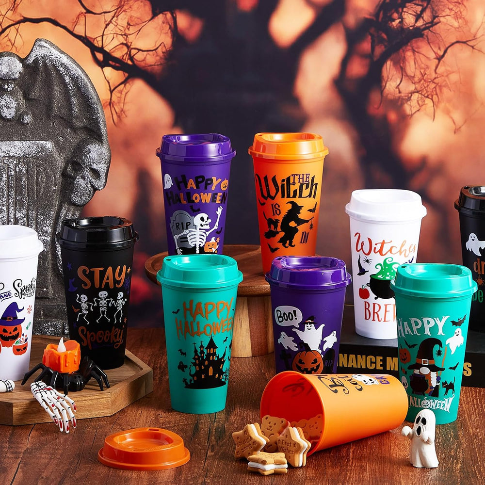 Chuangdi 30 Pack Halloween Cups with Lids Straws 16 oz Pumpkin