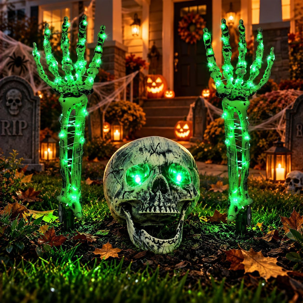 Halloween Skeleton Decorations Outdoor, Light Up Skull Head & Skeleton Ha...