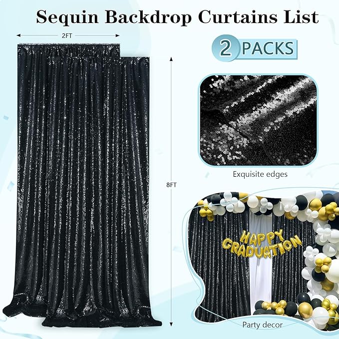 Black Sequin Backdrop 2 Panels 2FTx8FT Halloween Backdrop Curtains Party Deco...