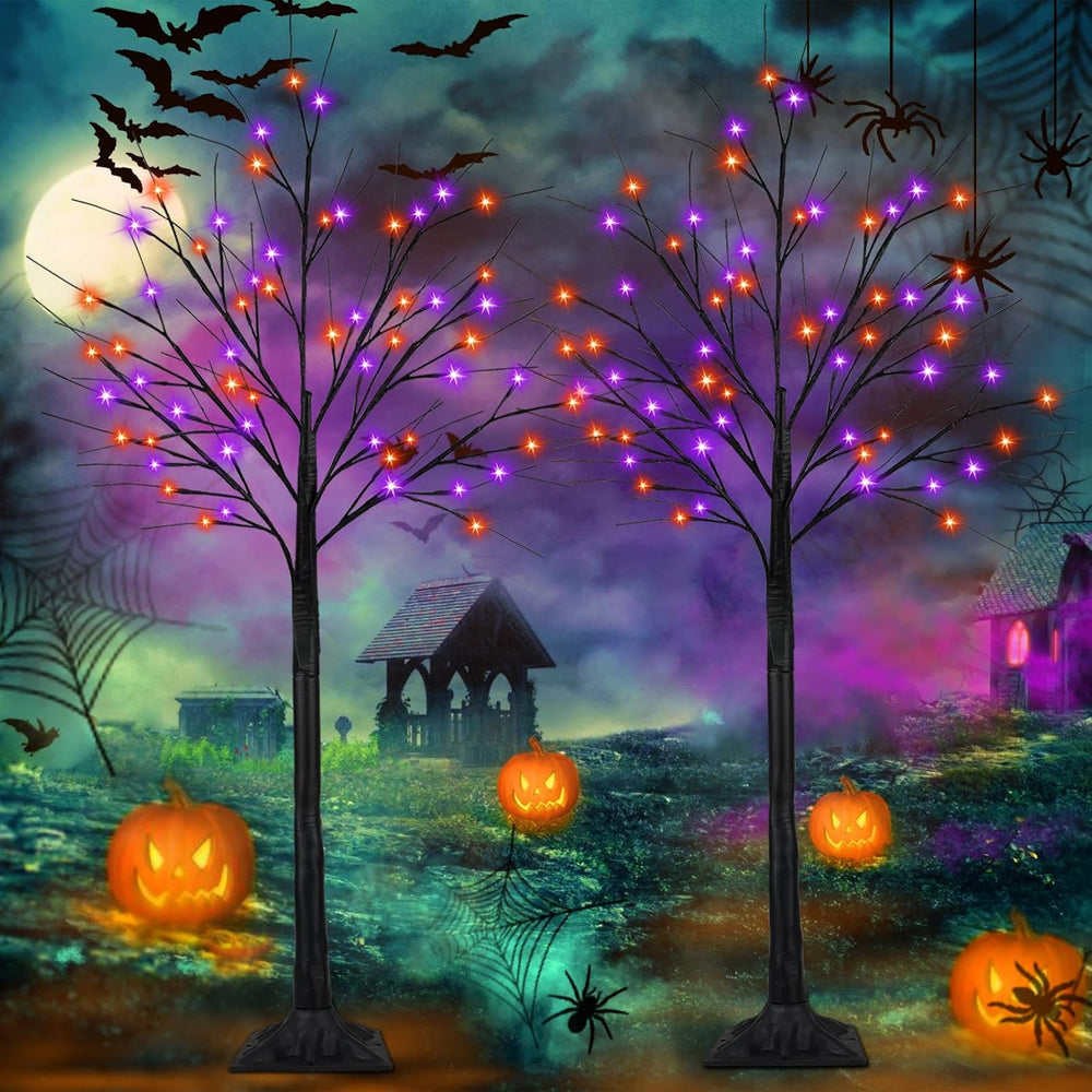 2 Pack 6FT Lighted Black Halloween Tree with 288 LED Orange & Purple Lights
