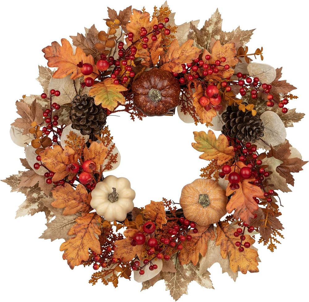 22" Artificial Fall Wreath for Front Door Autumn Harvest Wreath with Pum...
