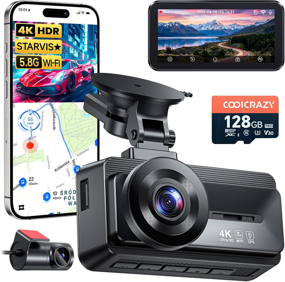 Coolcrazy 4K Dash Cam Front and Rear, STARVIS Sensor, Free 128GB Card Include...