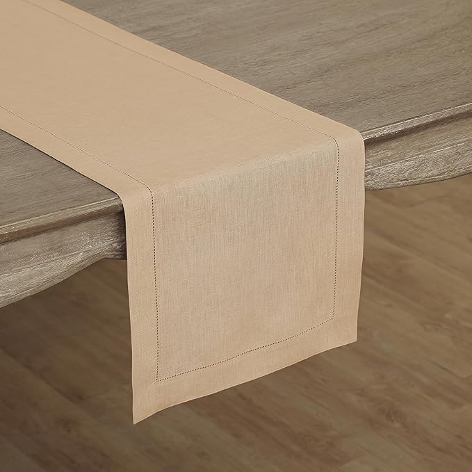 Solino Home Linen Beige Table Runner 72 Inches Long - 100% Pure Linen Hemstit...