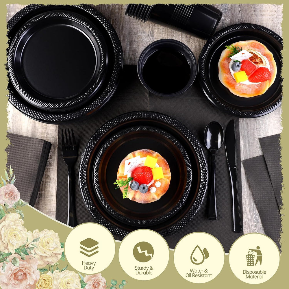 Kochorie 480 Pieces Black Plastic Dinnerware Set for 60 Guests Disposable Hea...
