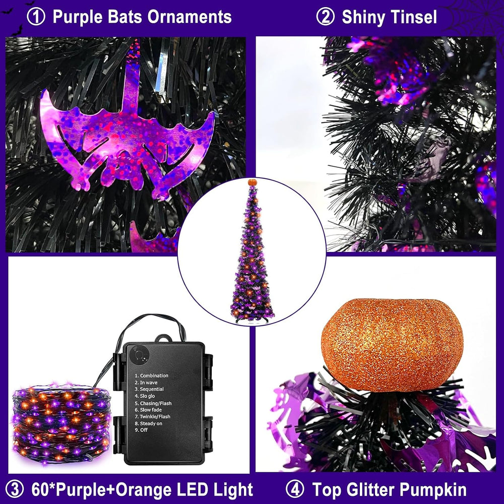 TURNMEON 6 Ft Black Tinsel Halloween Tree with Lights Halloween Decorations