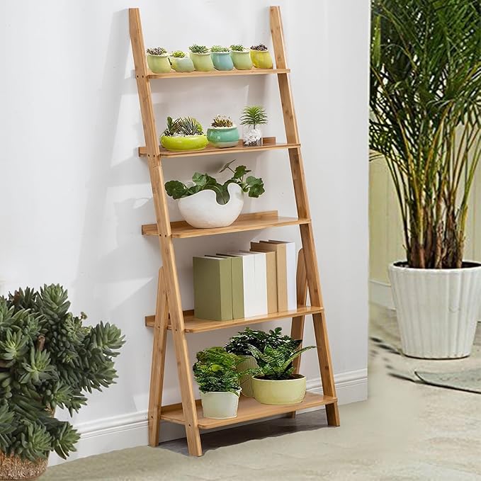 Maydear Bamboo Ladder Shelf Bookcase, 5-Tier Leaning Bookshelf Free Standing