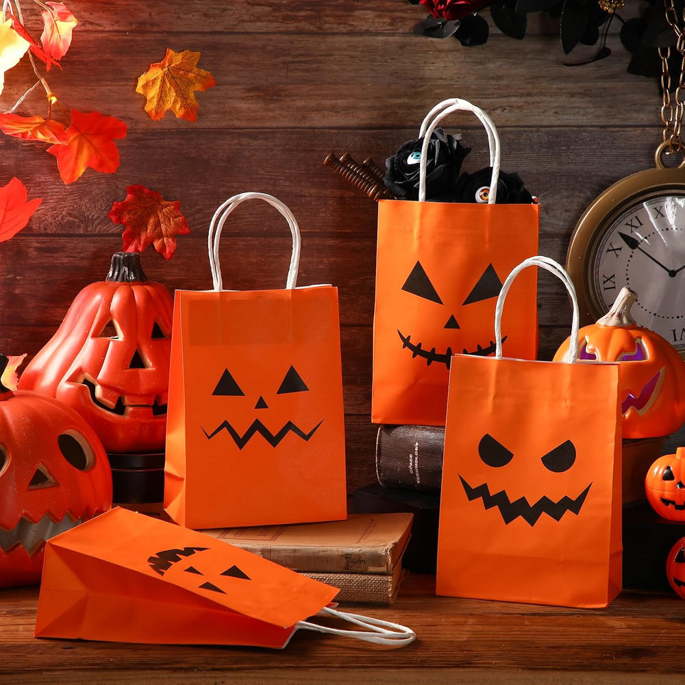 Ireer 100 Pcs Halloween Pumpkin Gift Bags Paper Treat Sacks with Handles