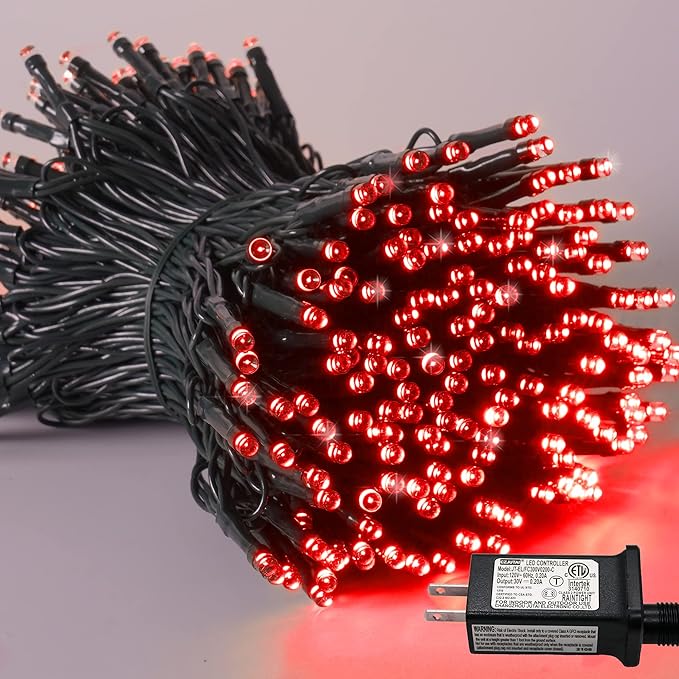 YEGUO 66ft 200 LED Red Halloween Lights Outdoor Waterproof, Green Wire Christ...