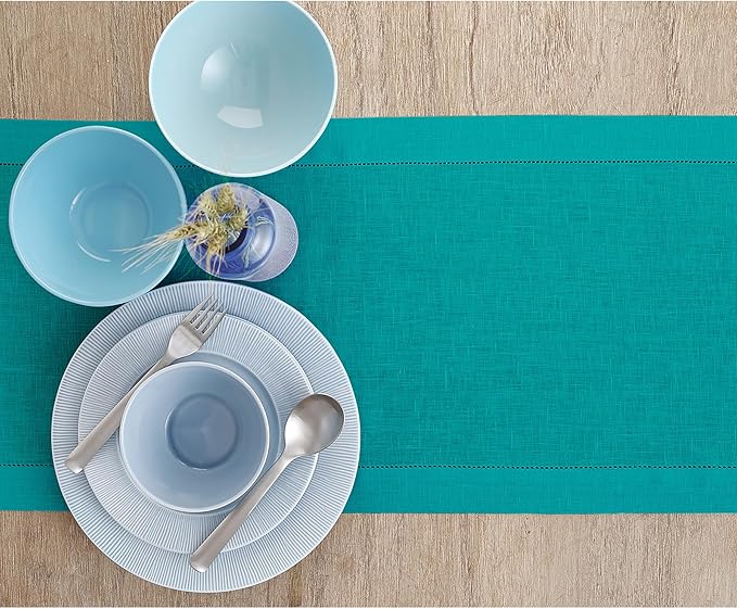 Solino Home Linen Teal Table Runner 72 Inches Long - 100% Pure Linen Hemstitc...