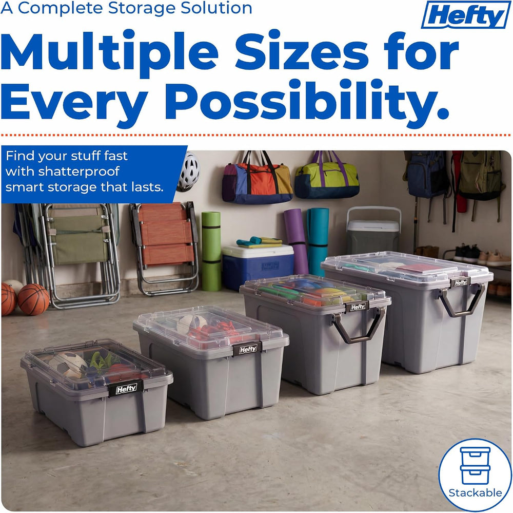 Hefty MAX Pro 12 Gal Storage Bins with Clear Lids, Stackable, 6 Pack, Grey