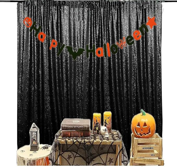 JYFLZQ Black Sequin Backdrop Curtains 6ft x 8ft 1 Panel Halloween Backdrop Gl...