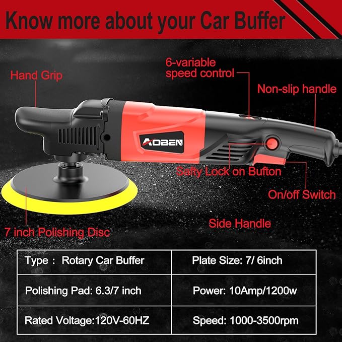 AOBEN Rotary Buffer Polisher, 1200W 6-inch/ 7-inch Car Buffer, Car Polisher