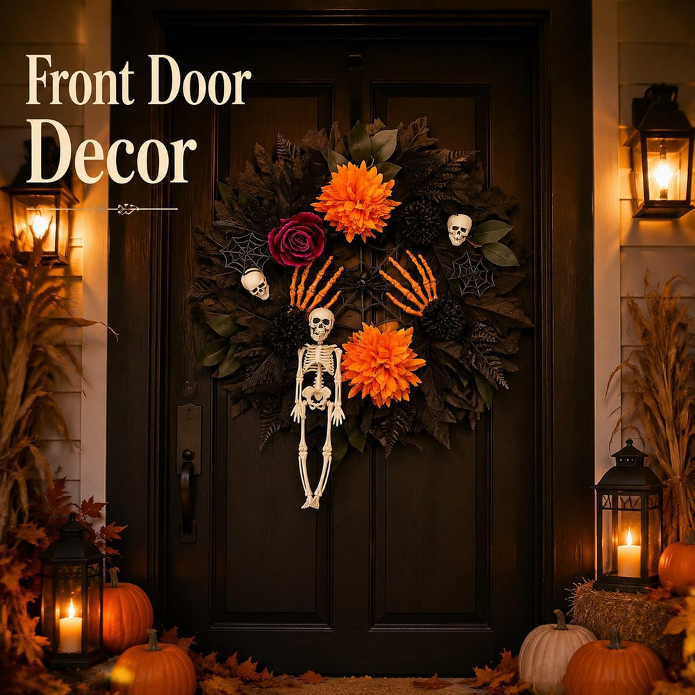 24in Halloween Wreath for Front Door, Black Pumpkin Skull Gothic Door Decor