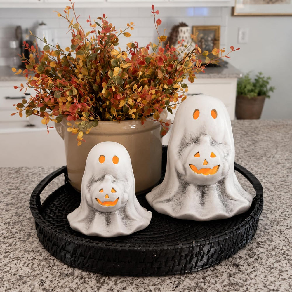 Tioncy 2 Pcs Halloween Terracotta Ghost Tealight Holder, White, Retro