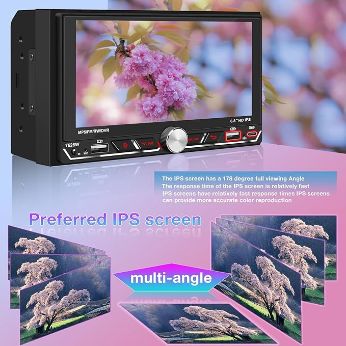 Wireless Apple CarPlay, Double Din Car Stereo, FM AM Car Radio, HD 1280*600