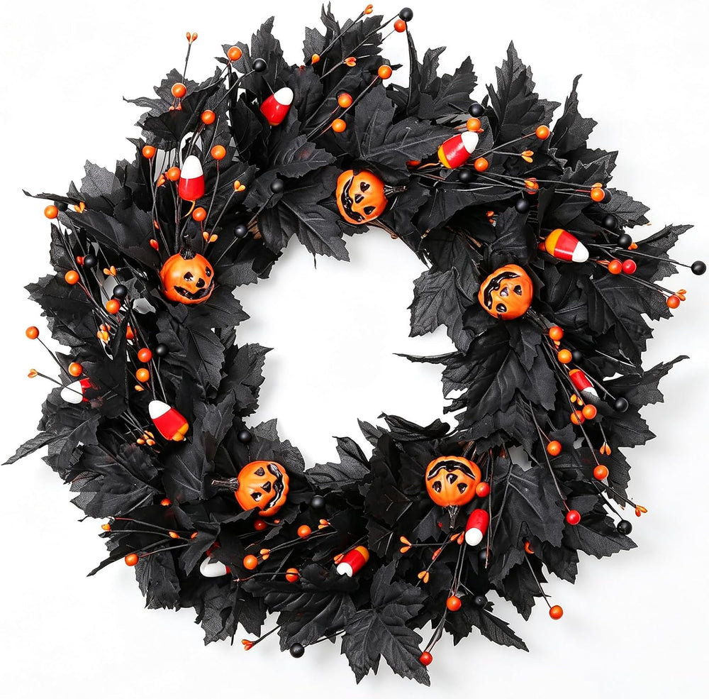 Pumpkin Halloween Wreath 24 Inch Black Maple Leave Wreaths for Front Door wit...