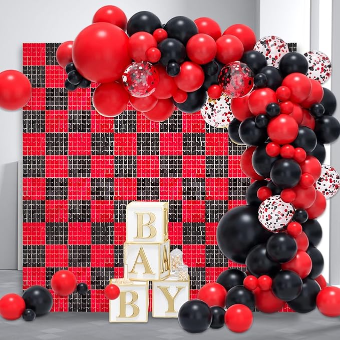 24PCS Black Red Shimmer Wall Backdrop, Square Sequin Photo Backdrops Panel, G...
