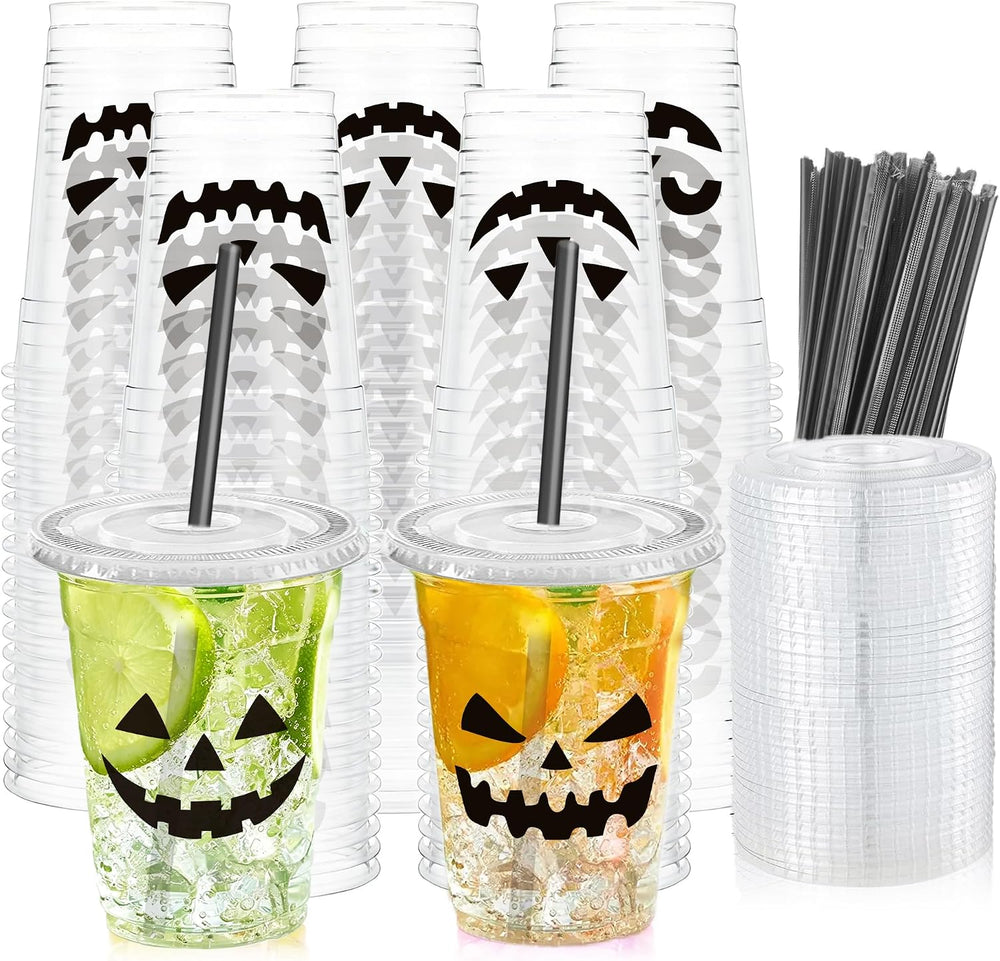 100pcs 12oz Halloween Disposable Plastic Party Cups with Lids & Straws Bulk