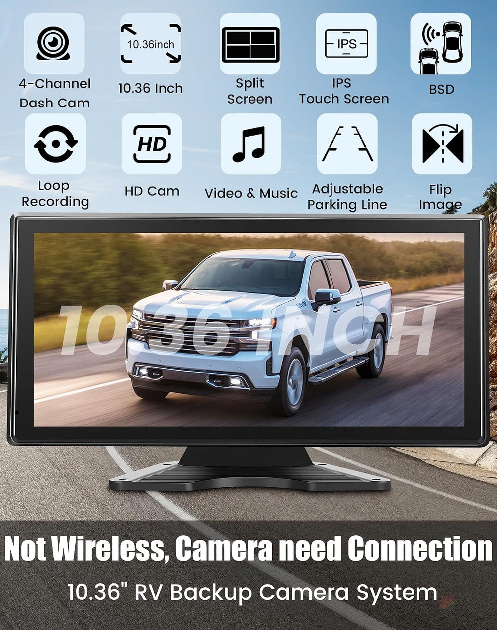 Wired Backup Camera System for Truck/RV, 10.36" HD Touch Screen Monitor