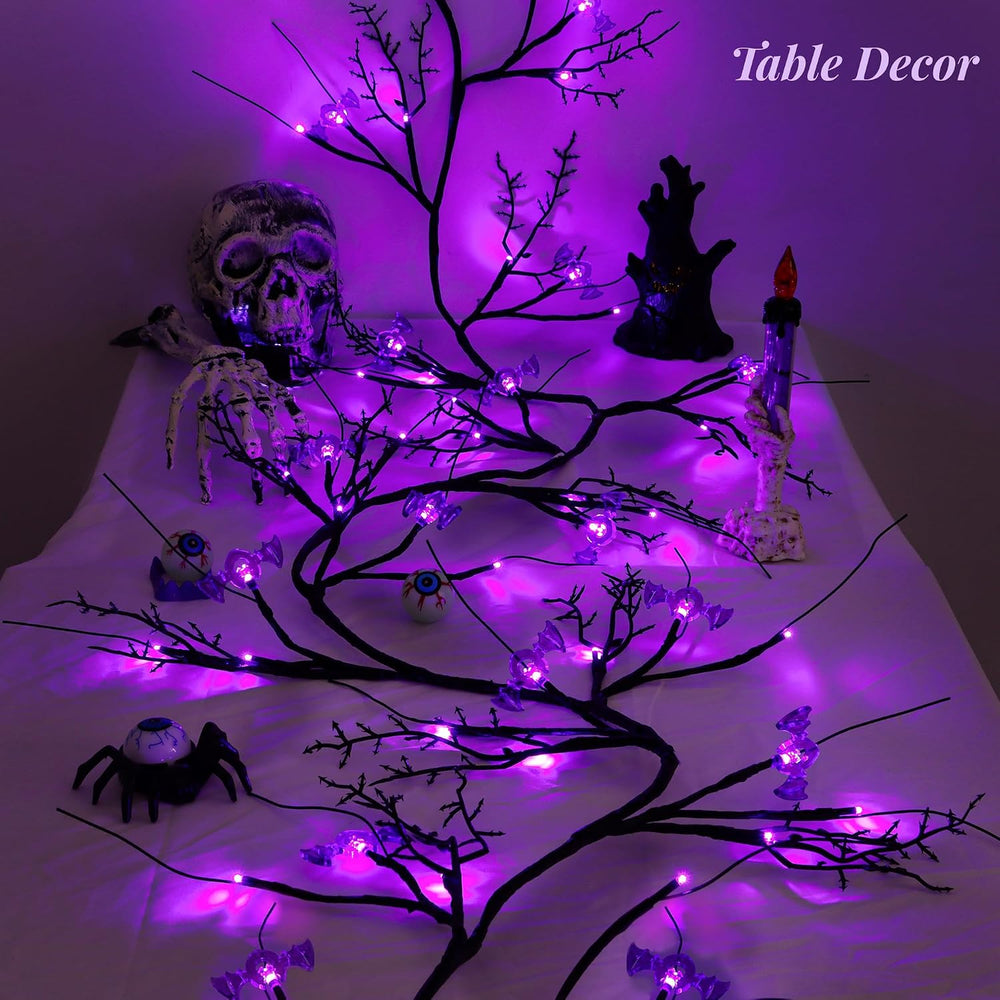 9FT 72 LED Willow Vine Twig Decor Black Halloween Garland with Bat & Purp...