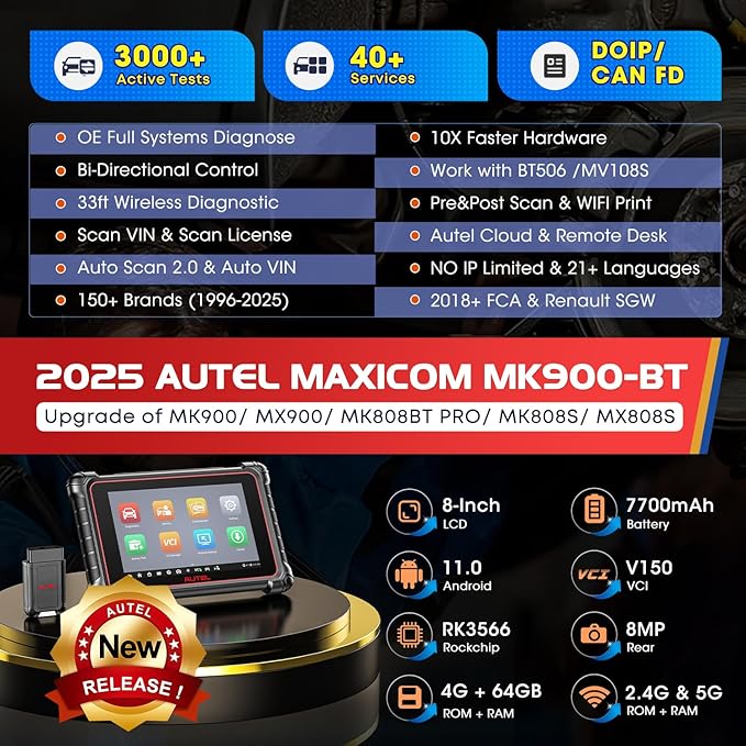 Autel Scanner MaxiCOM MK900BT: 2025 8in MK900-BT Bidirectional Scan Tool
