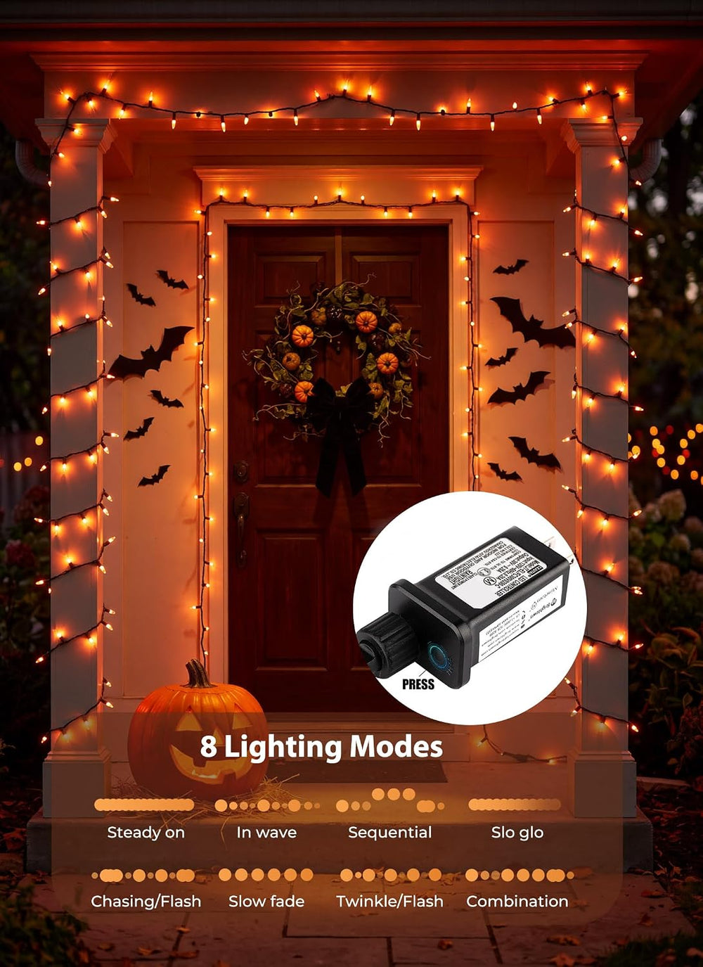 2Pack Orange Outdoor Halloween Lights, 39Feet 100 LED Mini Lights with 8 Ligh...
