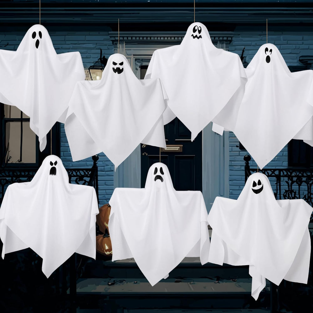 JOYIN 7 Pcs Halloween Hanging Ghost Decorations Outdoor, 19.6” Flying White G...