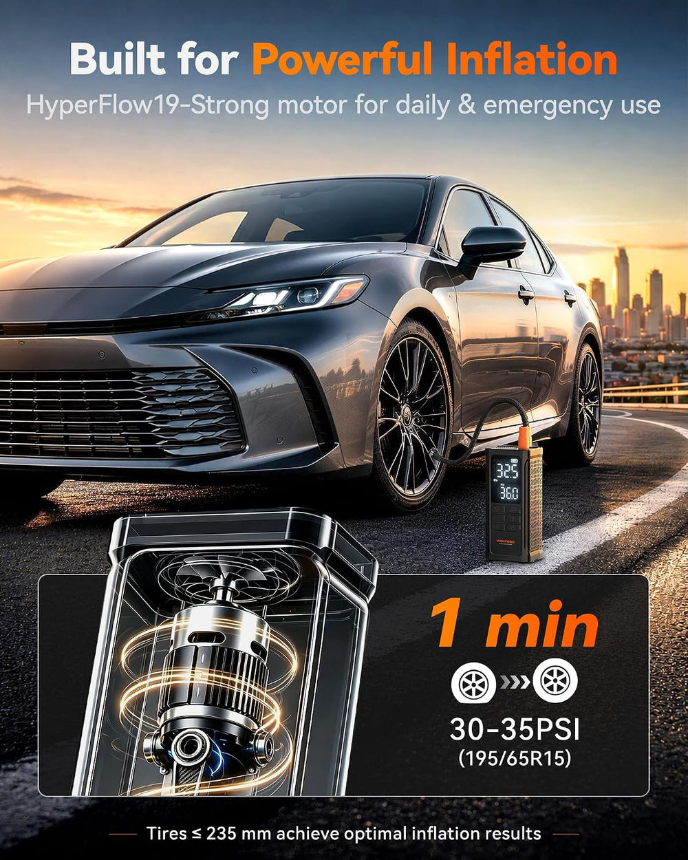 WOLFBOX HyperFlow19 Tire Inflator Portable Air Compressor, Cordless Air Pump ...