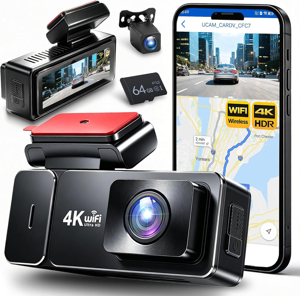 4K Dash Cam Dual Channel Front and Rear, Night Vision, 5GHz WiFi, 64GB Card