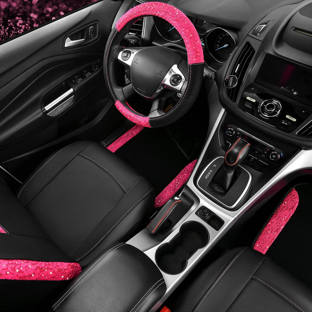 CAR PASS Universal Leather Pink Lace Car Seat Covers Full Set for Women Girls...