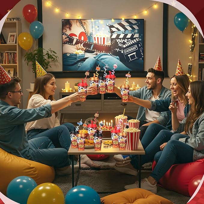 Yungyan 24 Sets Movie Night Party Favors Goodie Cups with Lids and Straws for...