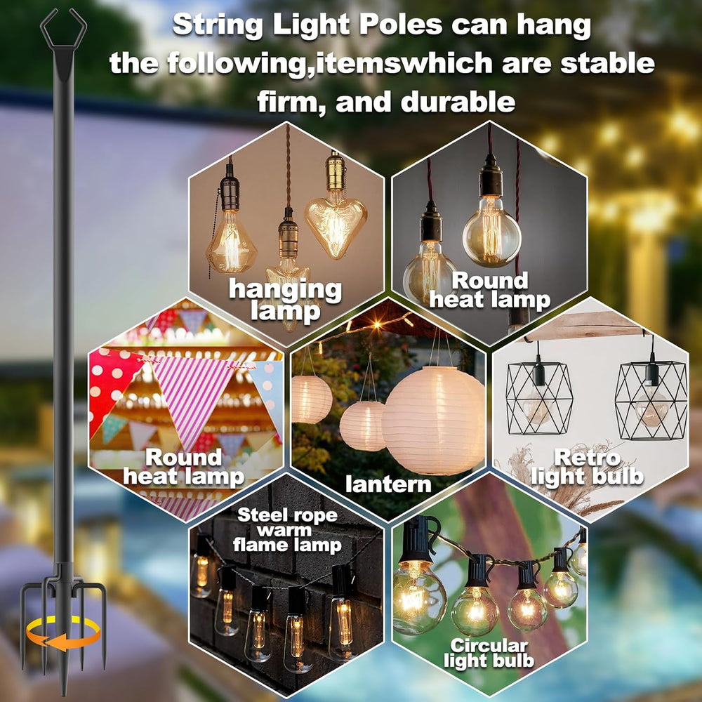 6 Pack 10 ft Heavy Duty Metal String Light Poles Adjustable Outdoor Lighting ...
