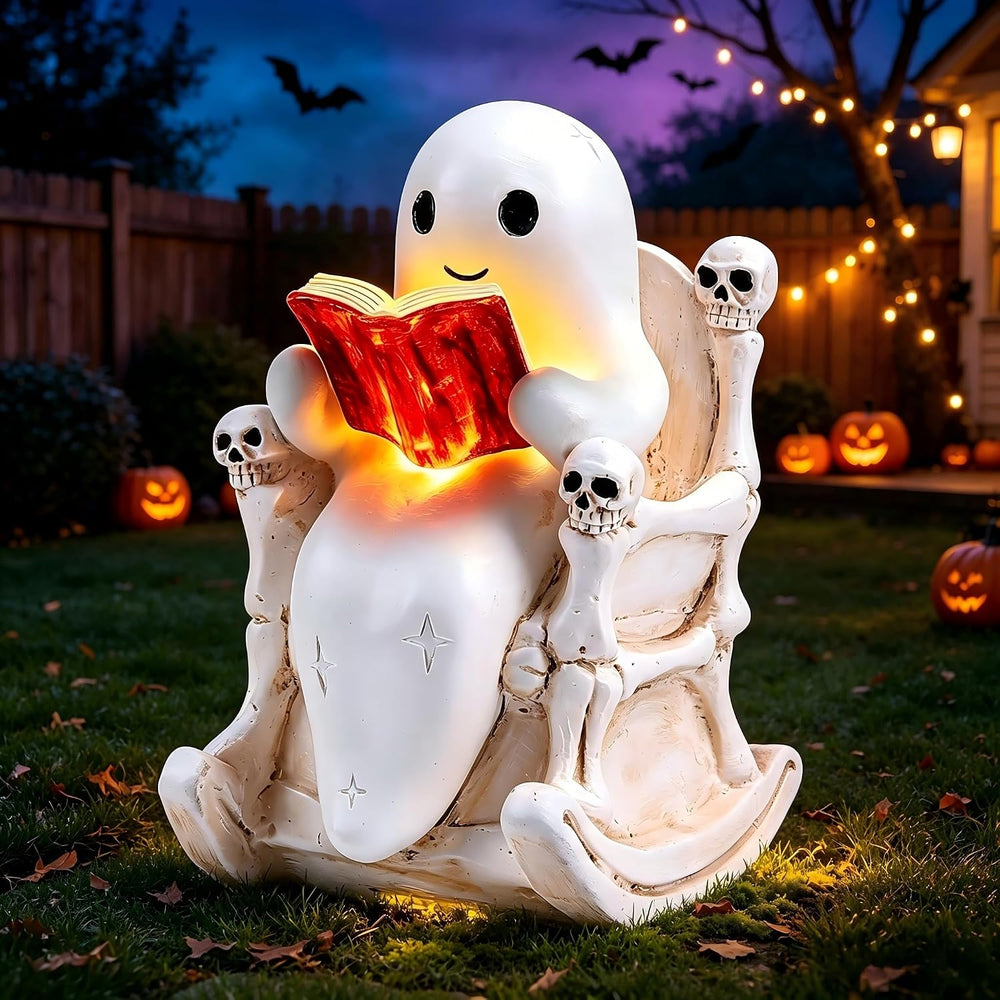 Solar Halloween Outdoor Light 7.4" Ghost Statue Skull Throne Garden Decor