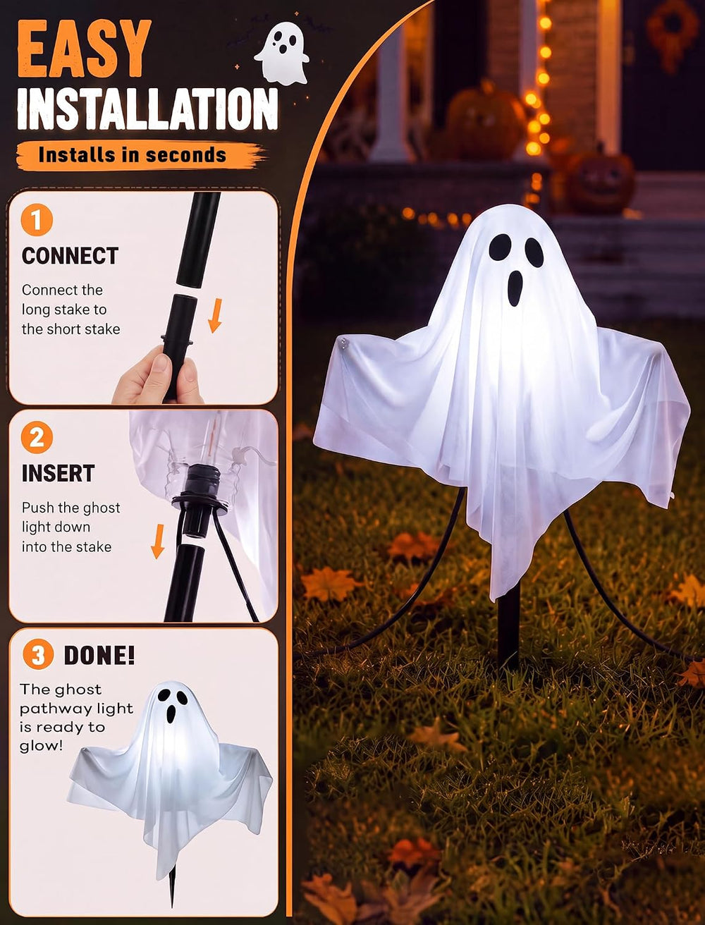 Halloween Ghost Pathway Lights, 4 Pack LED Yard Stake Lights Outdoor Decor