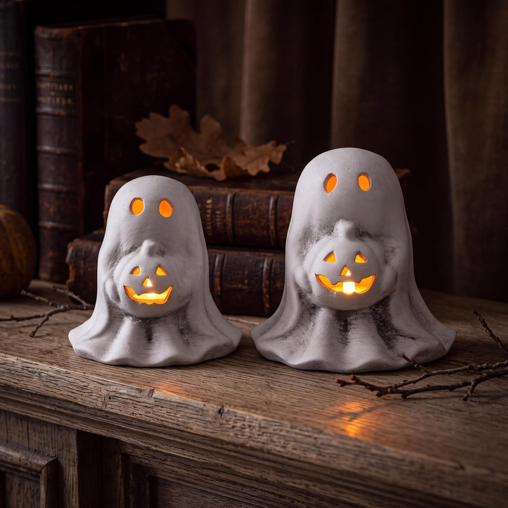 Tioncy 2 Pcs Halloween Terracotta Ghost Tealight Holder, White, Retro
