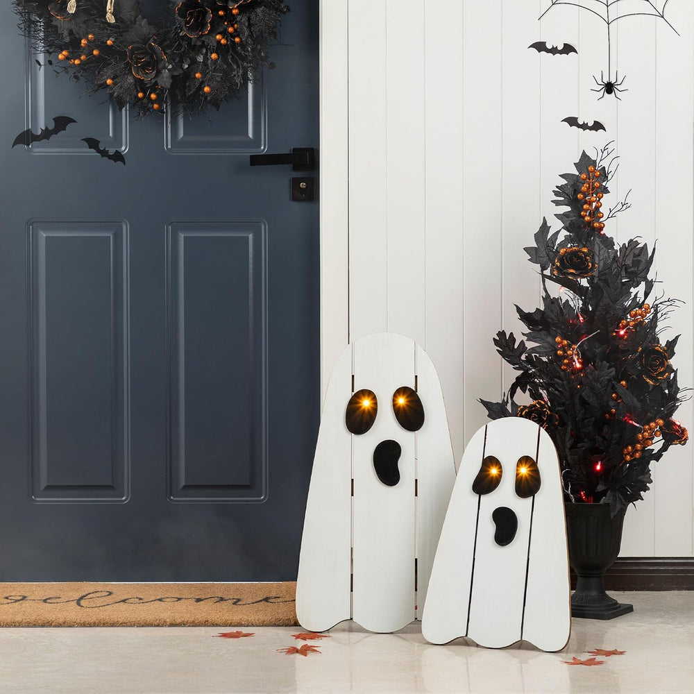 Glitzhome Set of 2 Halloween Lighted Wood Ghost Porch Decor - 24" H &...