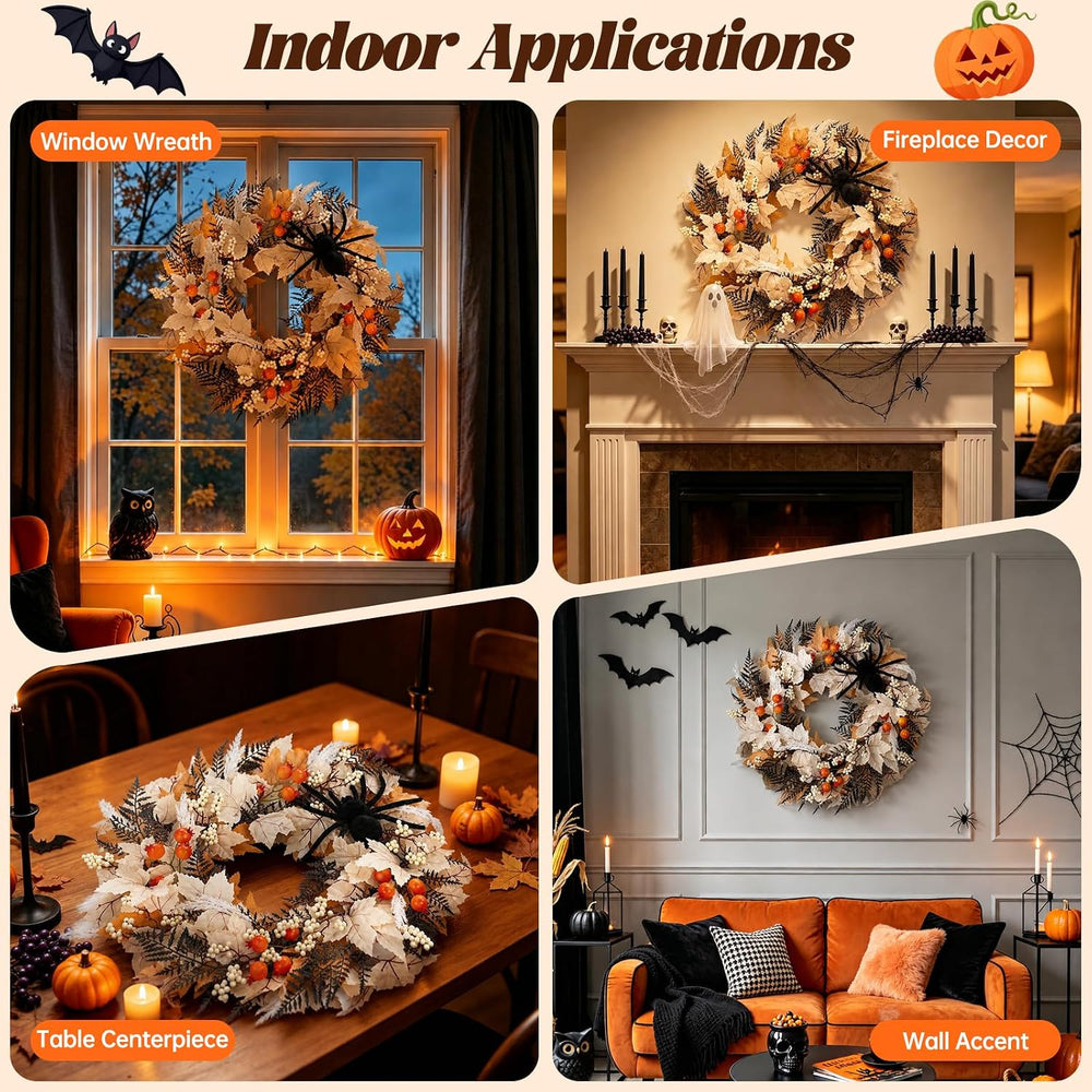 24" Halloween Wreath for Front Door with Spider, Maple Leaf
