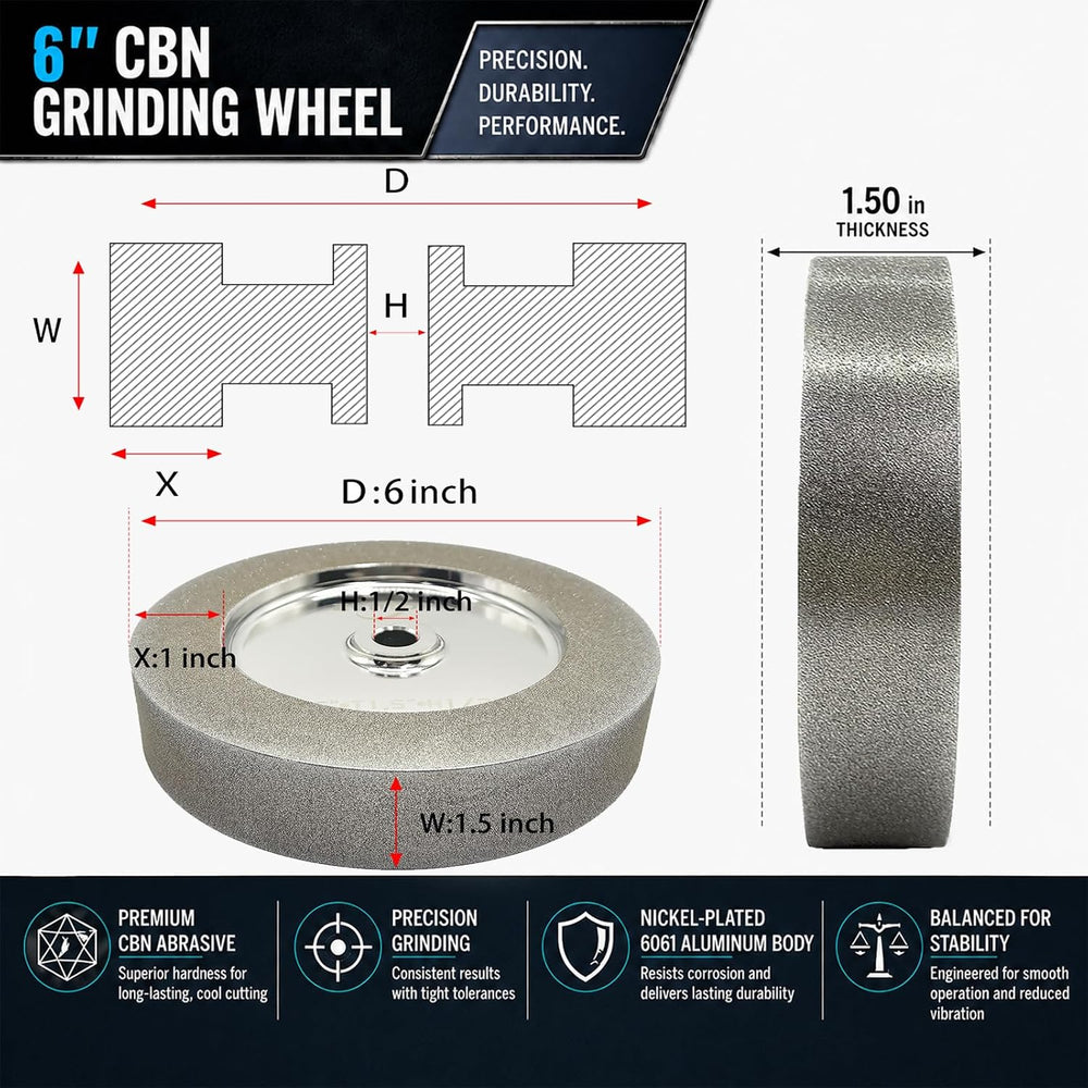 Mega Square 6 Inch CBN Grinding Wheel, 1/2" Arbor, 1.5" Wide, 180 Grit