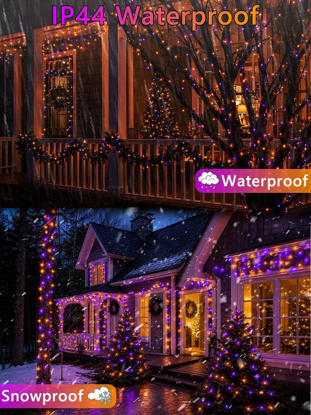 2 Pack 66FT 200 LED Halloween Lights Outdoor Indoor, Orange and Purple