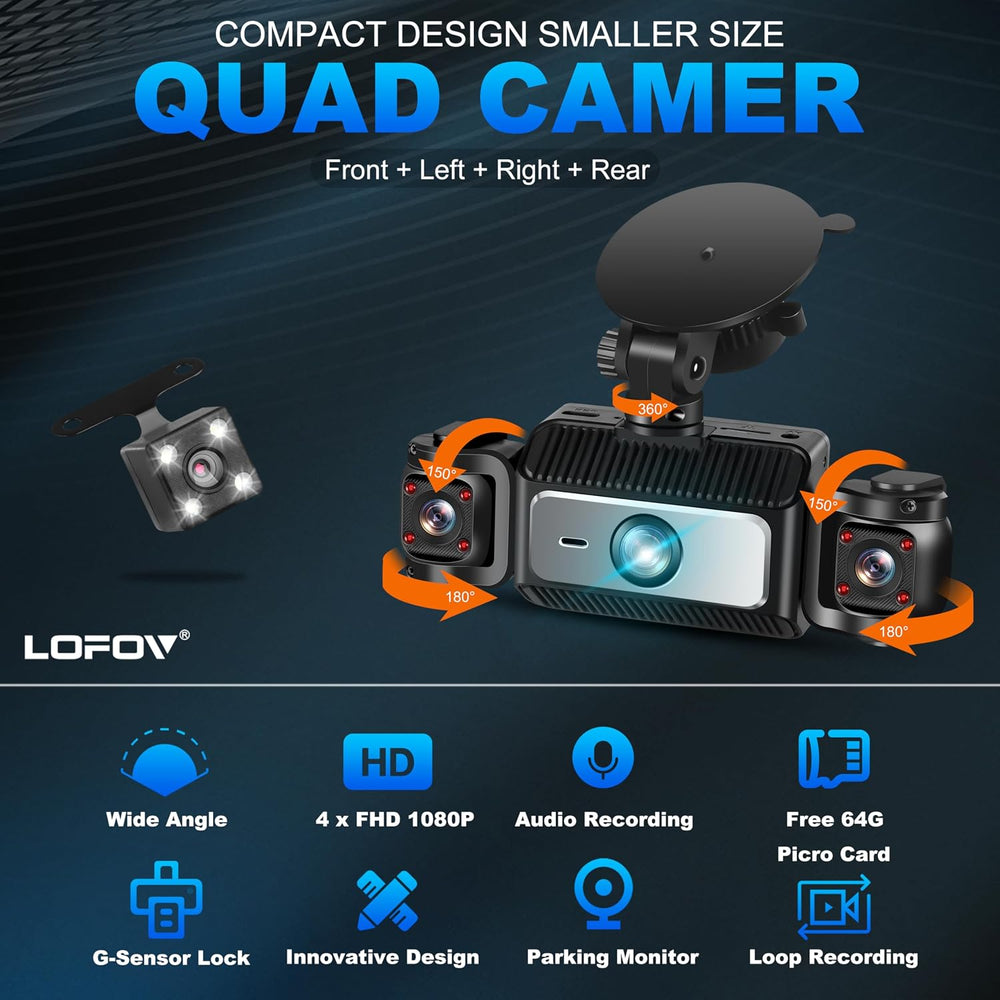 360° 4 Channel Dash Cam Front and Rear Inside