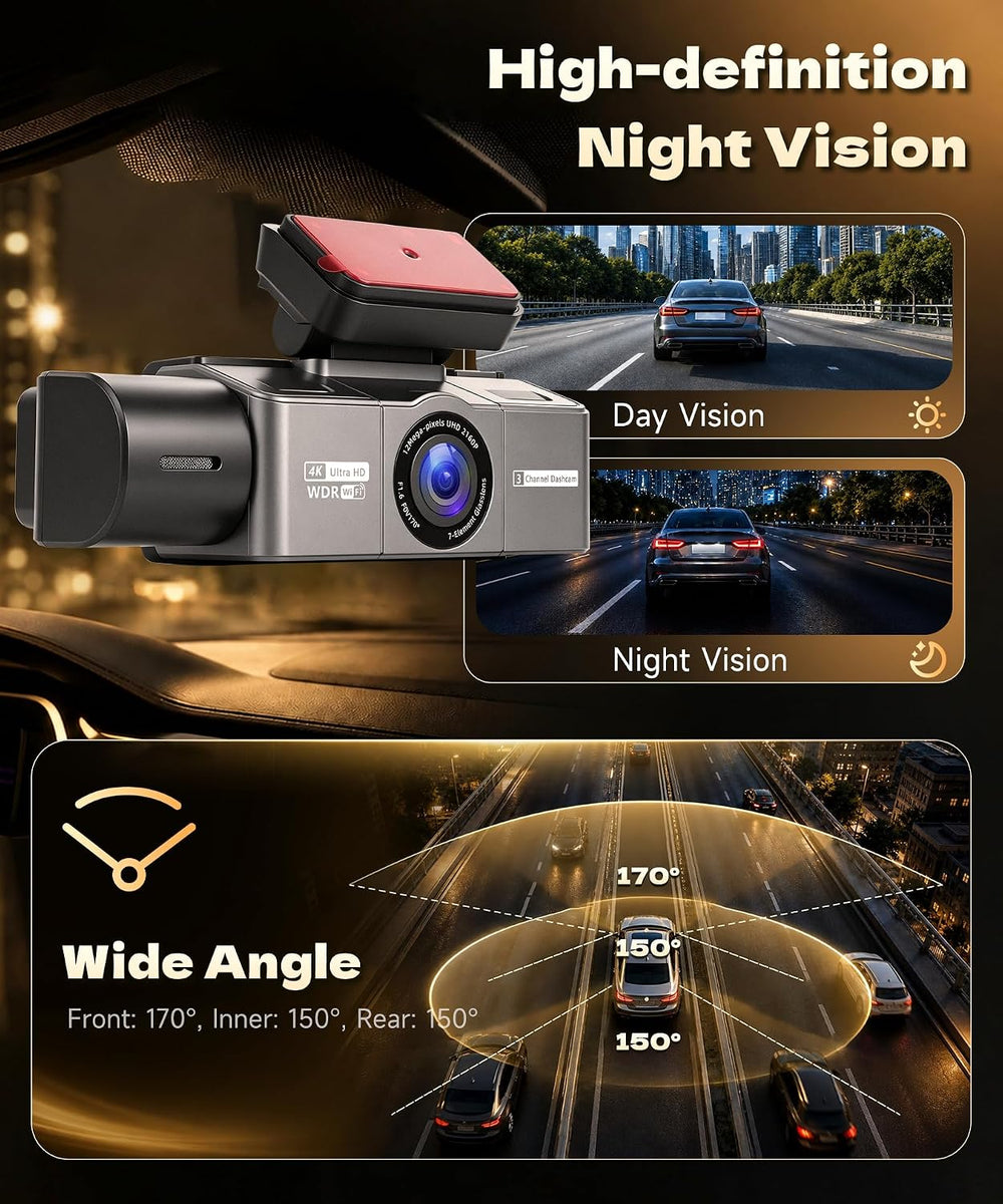 4K+2K+2K 3 Channel Dash Cam Front Rear Inside Car Camera, 64GB Card