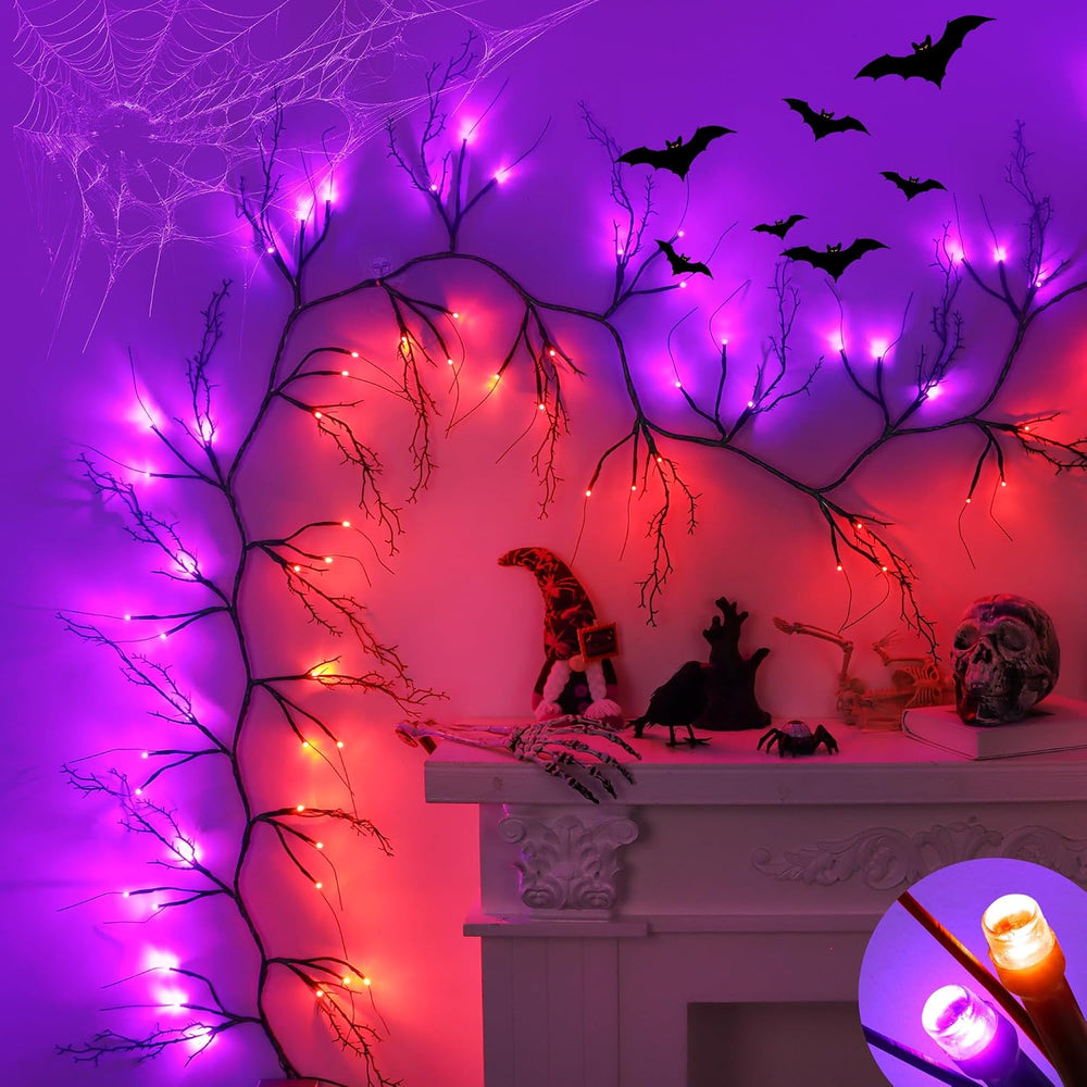 9 FT 72 LED Willow Vine Twig Decor Black Halloween Garland with Orange Purple...