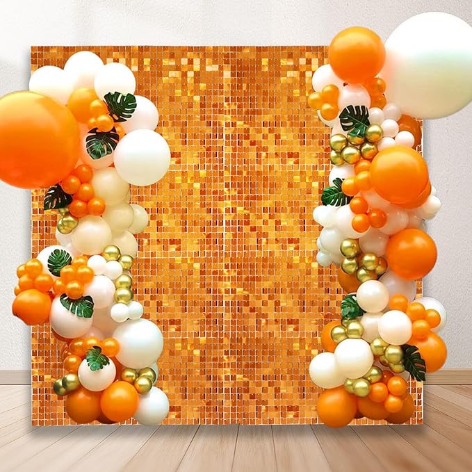 24PCS Orange Shimmer Wall Backdrop, Square Sequin Backdrops Panel, Glitter Wa...