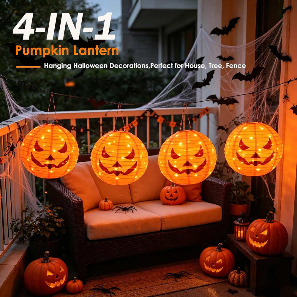 HUGSVIK 4Pcs Solar Pumpkin Lantern Outdoor Hanging Halloween Decorations