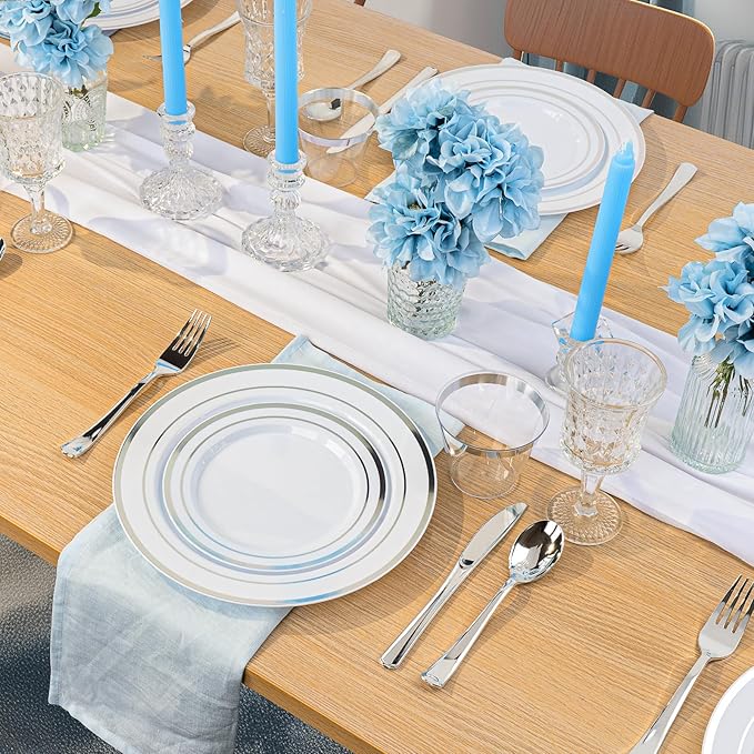 BESTVIP 700PCS Silver Plastic Dinnerware Set for 100 Guests, Disposable Plate...
